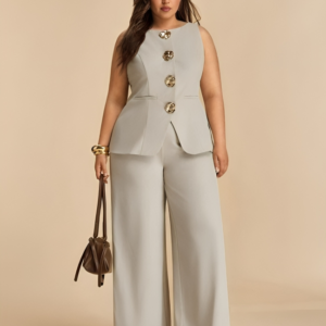 Chaleco con Pantalón estilo palazzo. Gris claro tipo perla