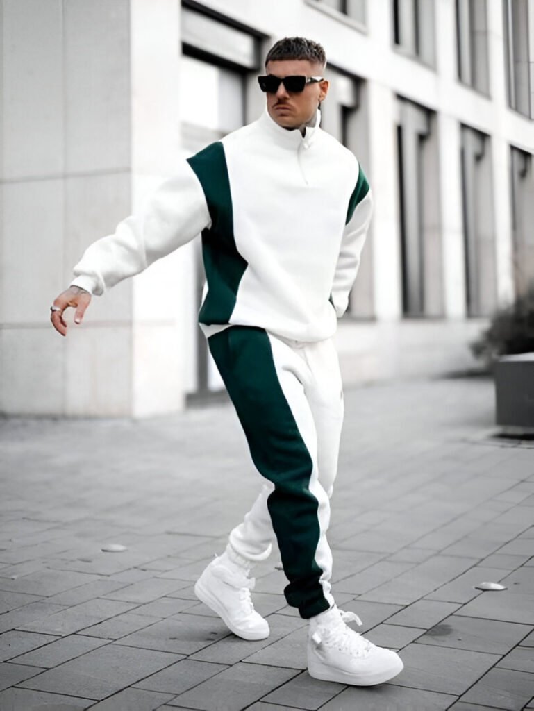 Conjunto de Suéter Sin Capucha y Jogger color Blanco con verde oscuro